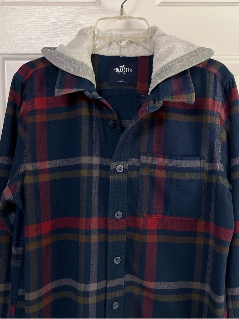 Hollister Hooded Button Up Shirt Jacket Men Navy Plaid Y2K Shacket Gray Hood Med
